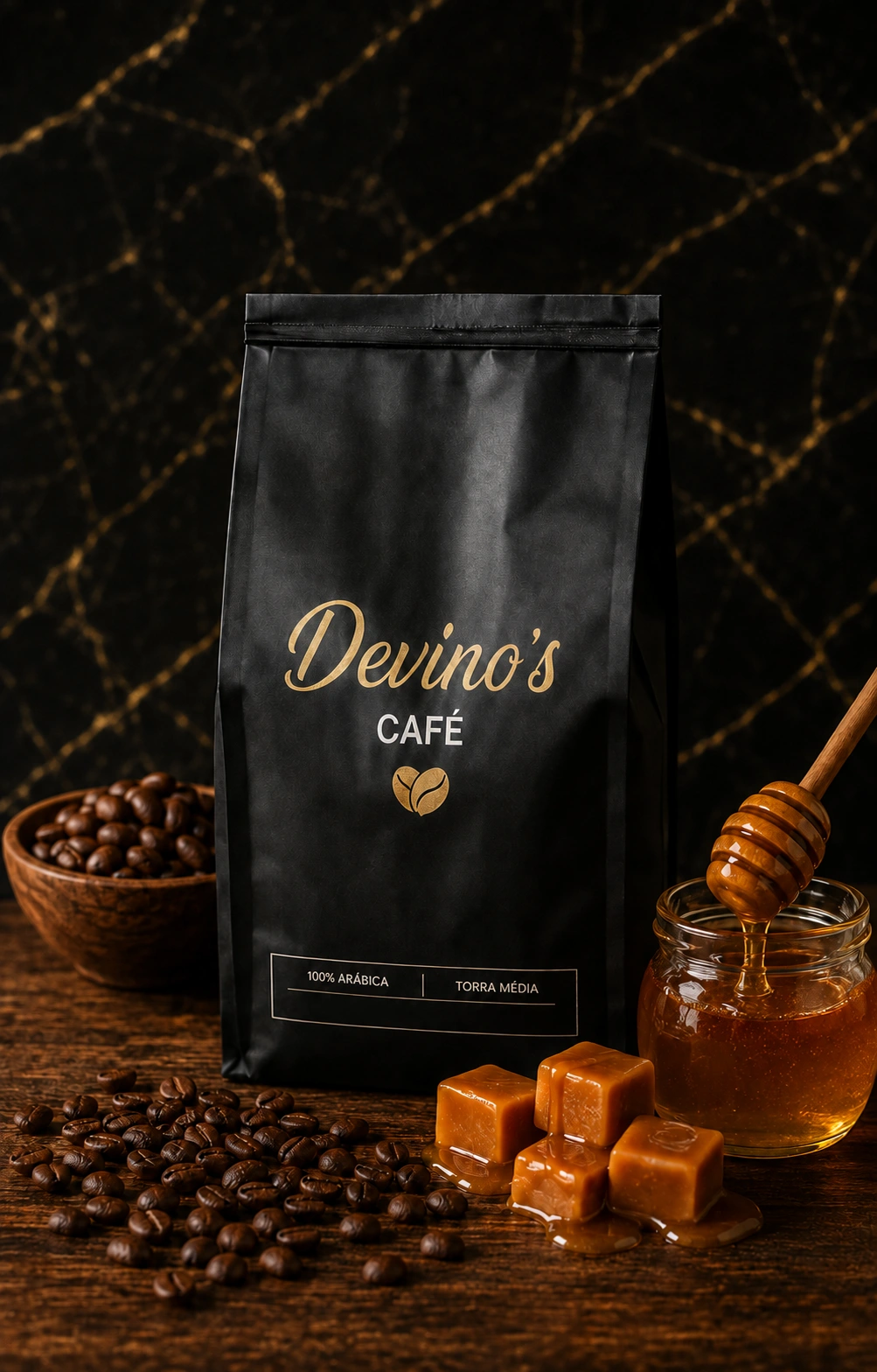 Café Devino’s com caramelo e mel representando suas notas de sabor